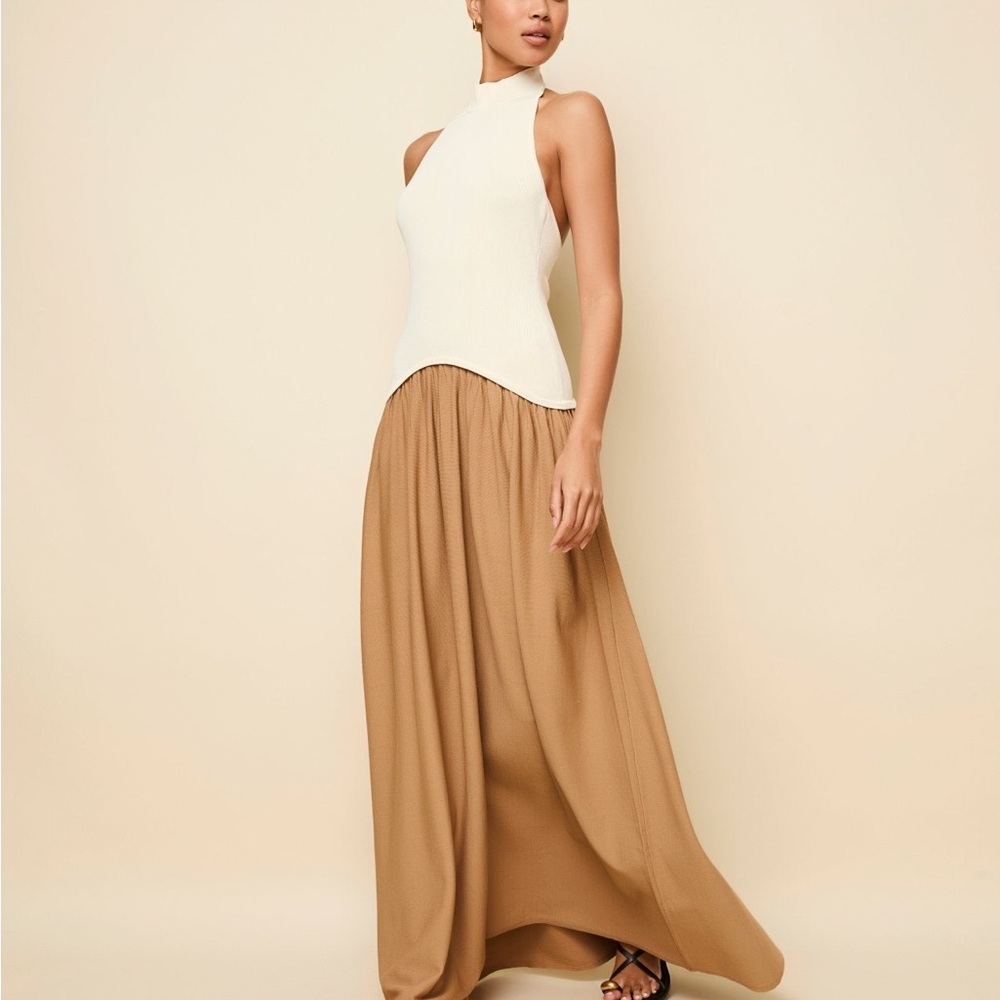 SOLID & STRIPED Cream and Tan Maxi Skirt